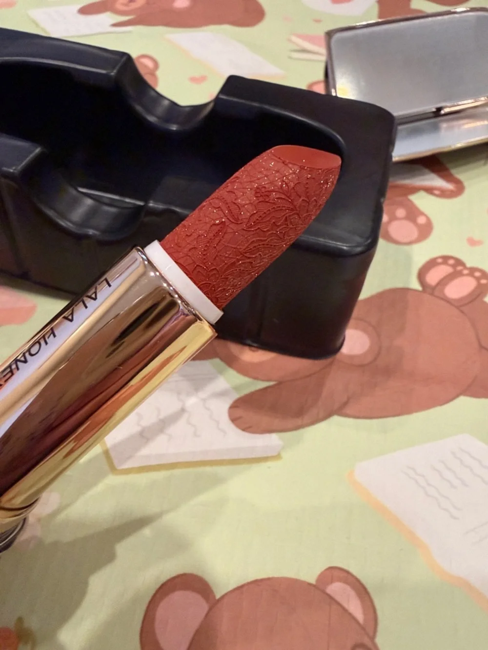 Glittery Brick Red Lipstick in Rainbow Glitter Packaging w Attached Mirror